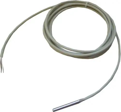 Temperaturfühler mit einem langen Kabel und einem metallischen Sensorende von Bosch, geeignet zur Temperaturmessung in Pufferspeichern.